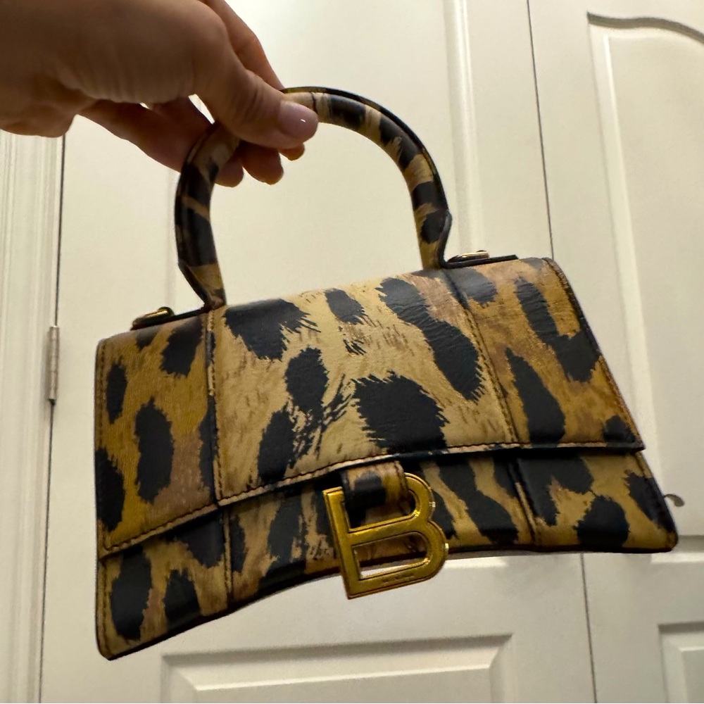 BALENCIAGA 
Smooth Calfskin Leopard Print Hourglass Top Handle Bag XS Beige